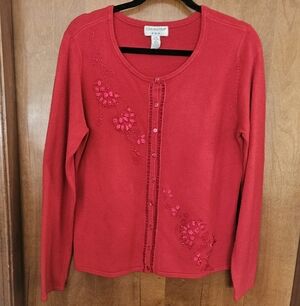 Covington Red Embroidered Button-Front Cardigan
